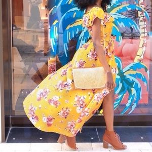 Off-shoulder Maxi Romper Floral- Mustard Yellow